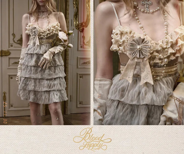 The Gothica Russian Princess Cake Dress | High-Waist Lace-Strap Luxury Slip | Sweet Apricot Layered Jupe | Parisian Princess