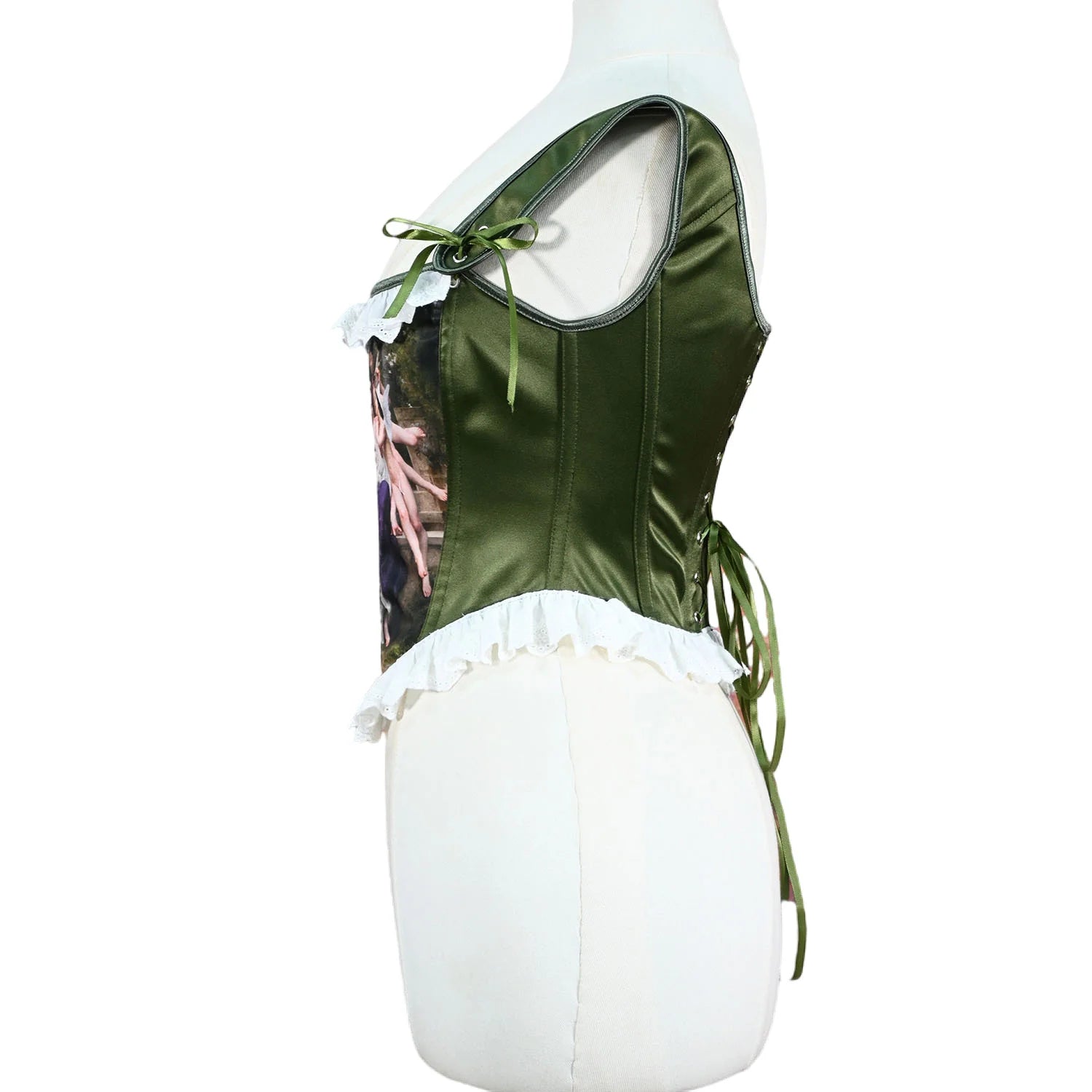 Women Green Printed Corset Vest Bustier Overbust With White Lace Vintage Bodice Lace Up Boned Shaping Tops Stage Costume