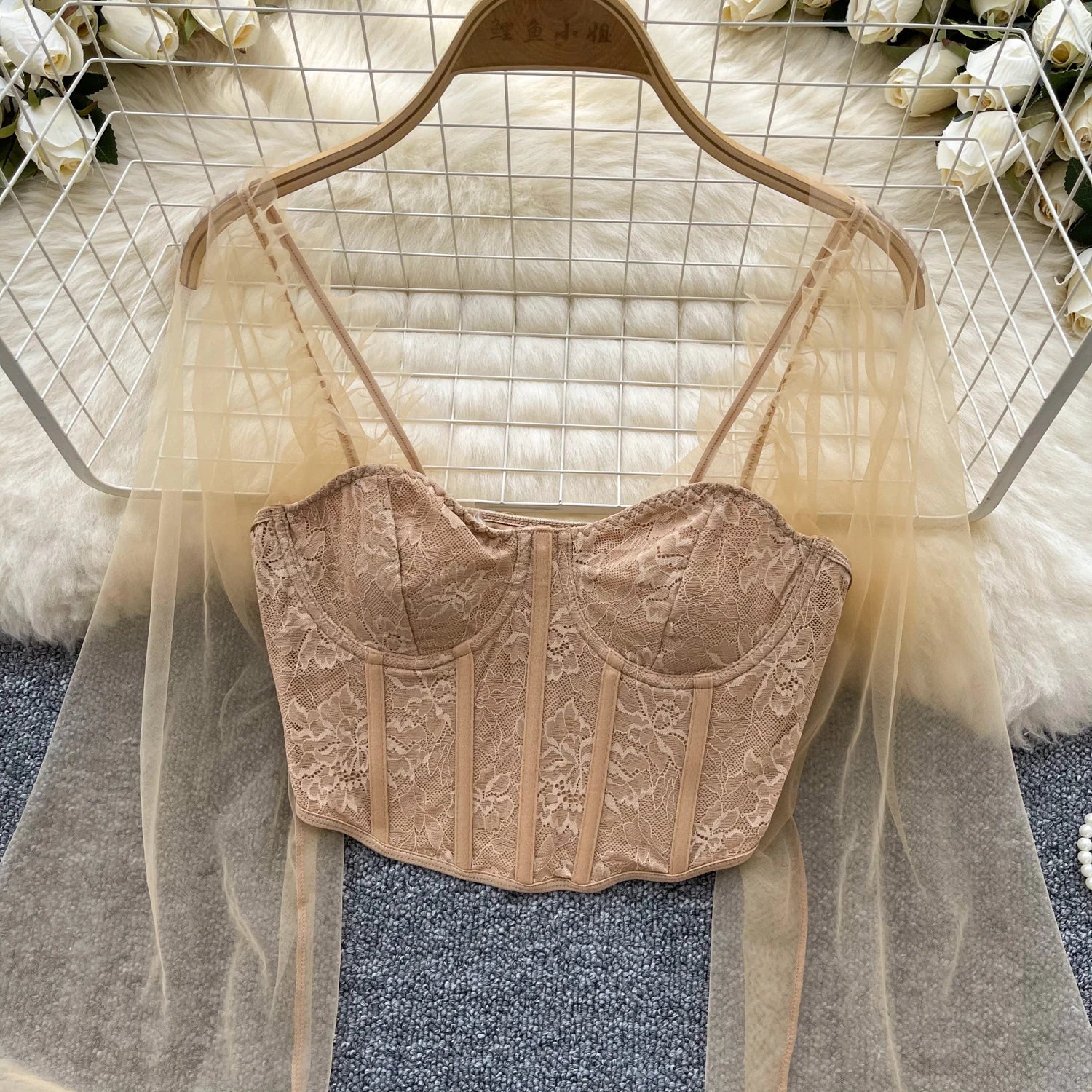 Women Chic Lace Mesh Sheer  Long Sleeve Backless Crop Top Solid Slim Parisian French Fashion Summer Women Shirt Square Collar