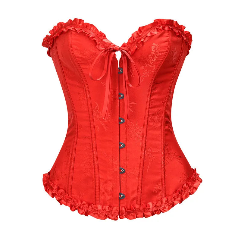 Yellow Jacquard Ruffled Trim Boned Sexy Overbust Push Up Bustier Top Corset Mujer Slimming Corsets For Women Sexy Gothic Clothes