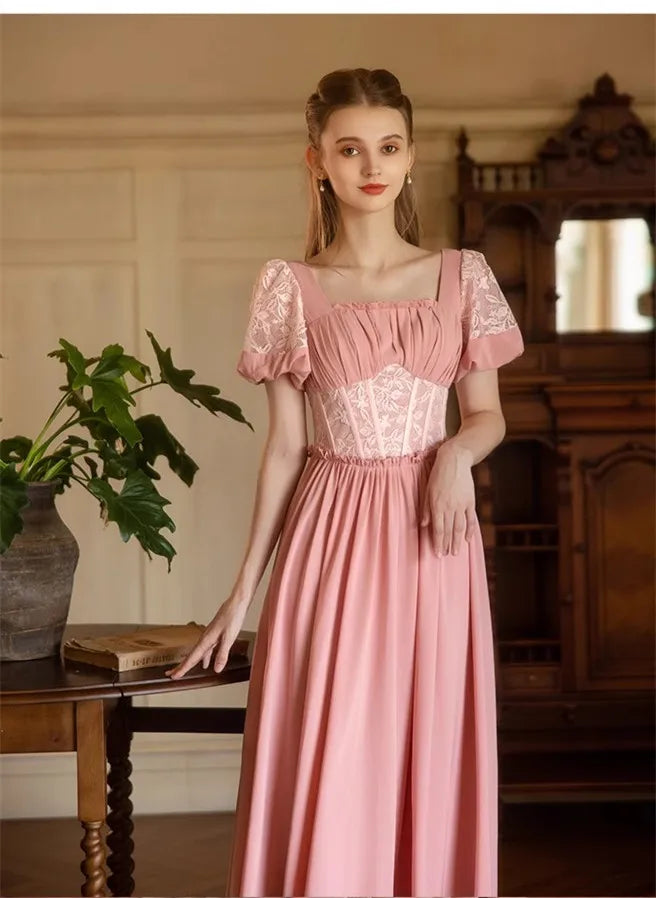 84-94cm Bust Summer Pink Maxi Dresses For Women Vintage Elegant Slim Square Neck Lace Short Sleeve Holiday Fishbone Long Dress