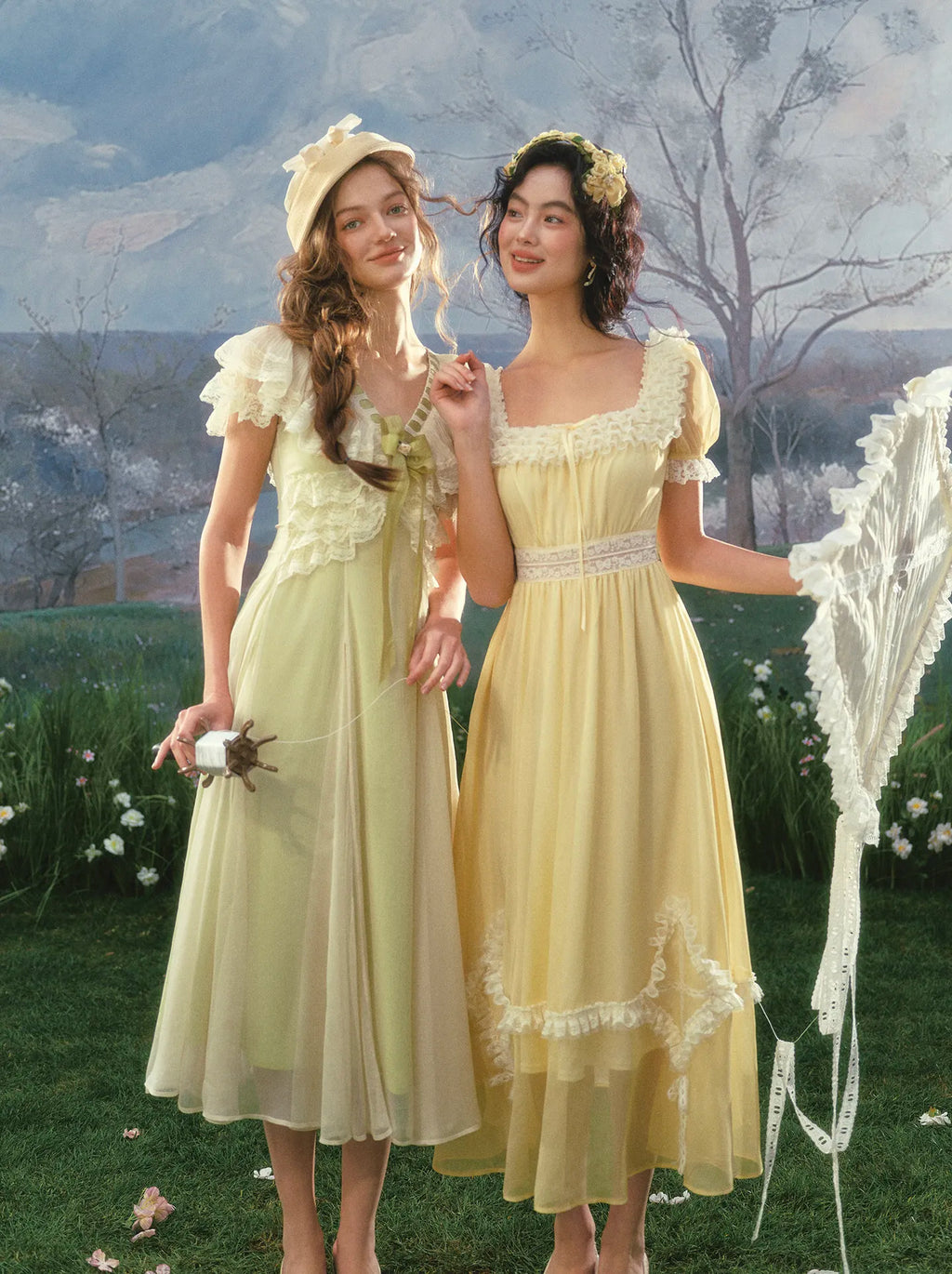 The Spring Meadow Butterfly Lace Gown | French Pastoral V-Neck Midi | Empire Waist Princess Dress | Parisian Princess