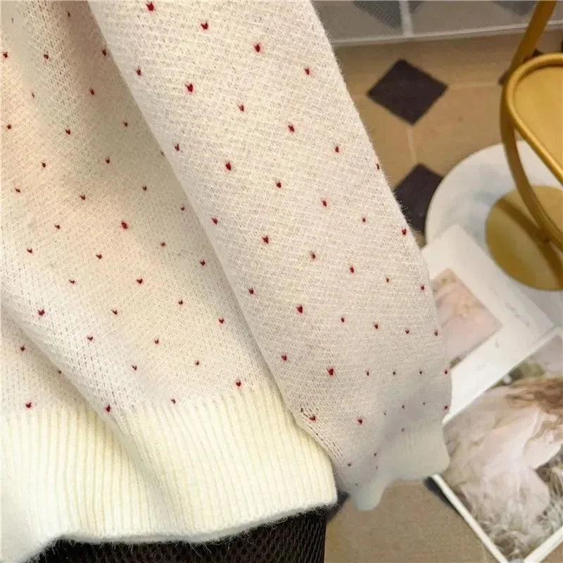 Red Polka Dot Short Knitted Sweater Coat Women's Spring Design Sense Self-Preserving Style Full Sleeve round Neck Top