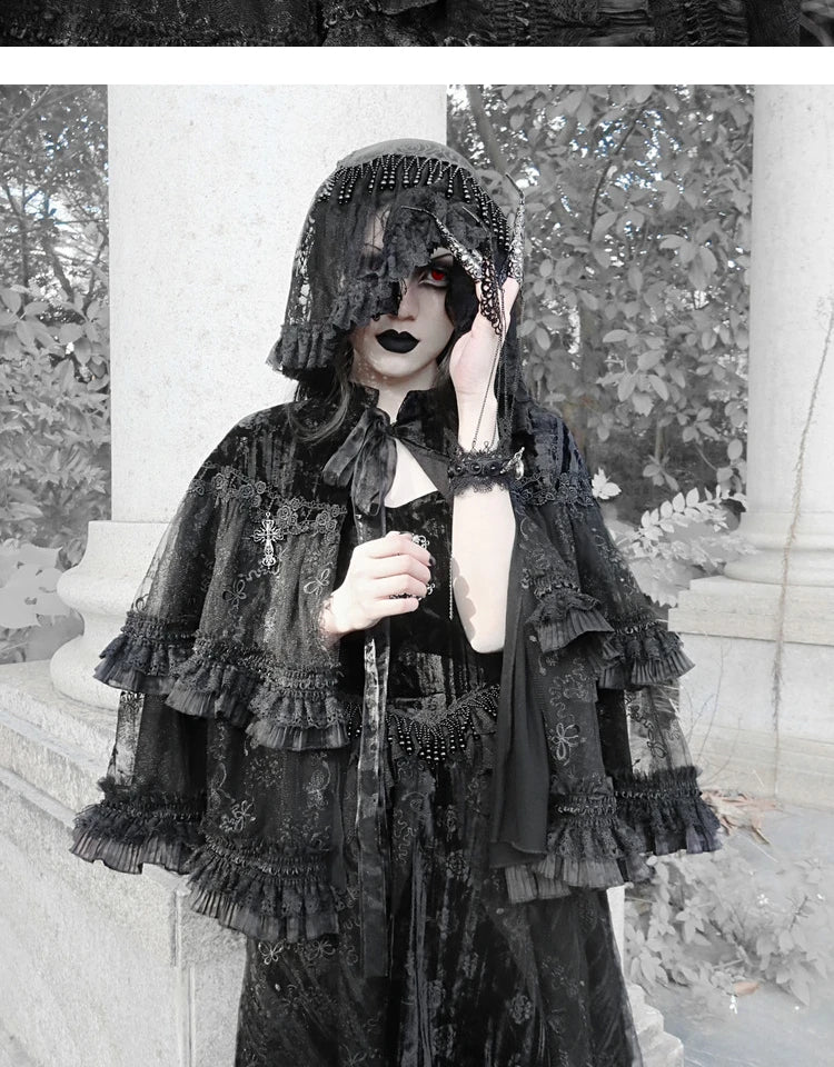 The Gothica Classical Noir Headdress | Heavy Lace Covering & Dark Veil Headband | Gothic Novelty Hairband | Parisian Princess