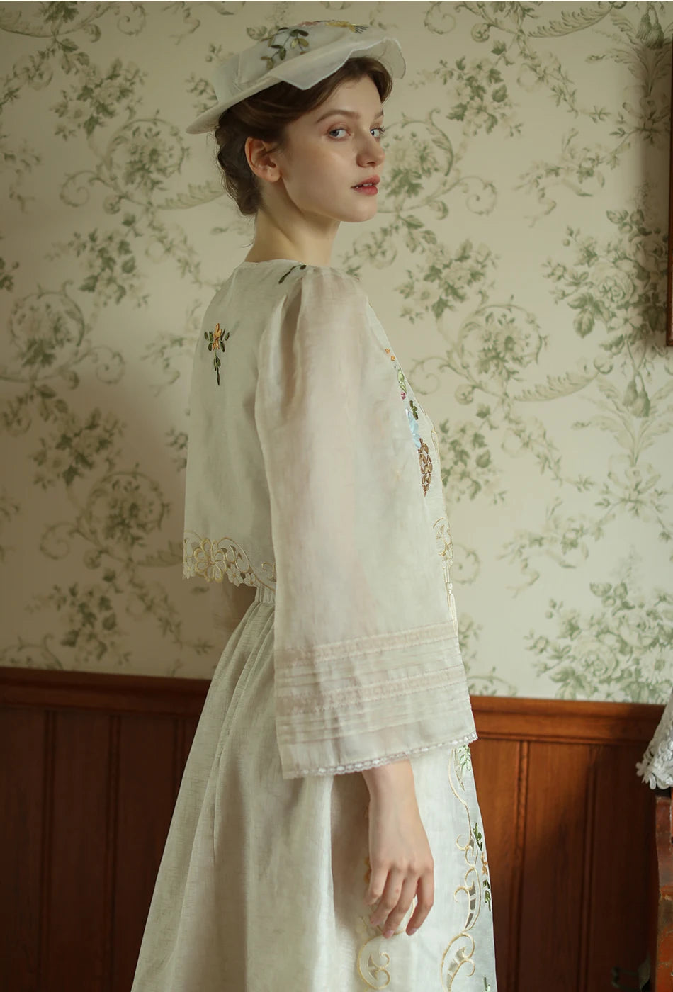 The Antoinette Tassel Embroidery Vest | French Antique Floral Cotton Gilet | Open-Stitch V-Neck | Parisian Princess