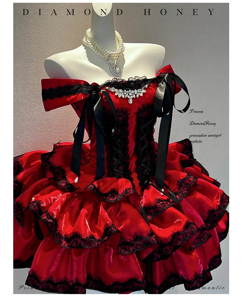 Princess Romantic Date Anniversary Wedding Party Pink Dress Girls Women's Sweet Lolita Halter Off-Shoulder Ball Gown Dresses