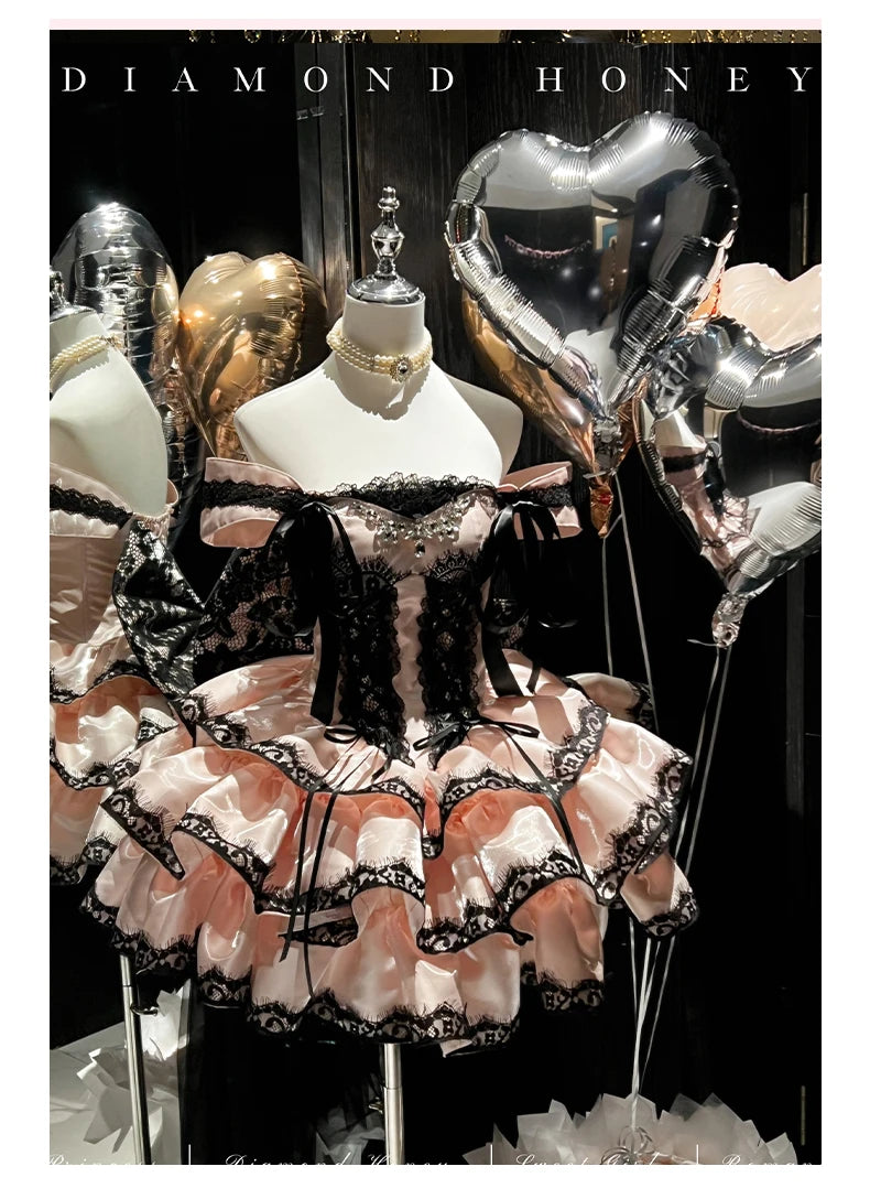 Princess Romantic Date Anniversary Wedding Party Pink Dress Girls Women's Sweet Lolita Halter Off-Shoulder Ball Gown Dresses