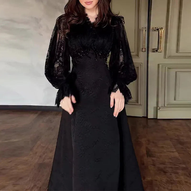 French Sexy Lace Embroidered Jacquard Dress Woman V Neck High Waist Crochet Evening Dresses Autumn Puff Sleeve Tie-up Maxi Dress