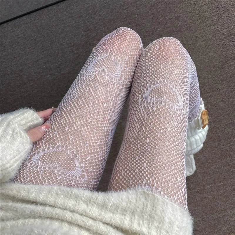 Lolita Girls Cute Heart Print Tights for Women Sexy Gothic Punk Magical Spider Web Mesh Fish Net Pantyhose Body Stockings