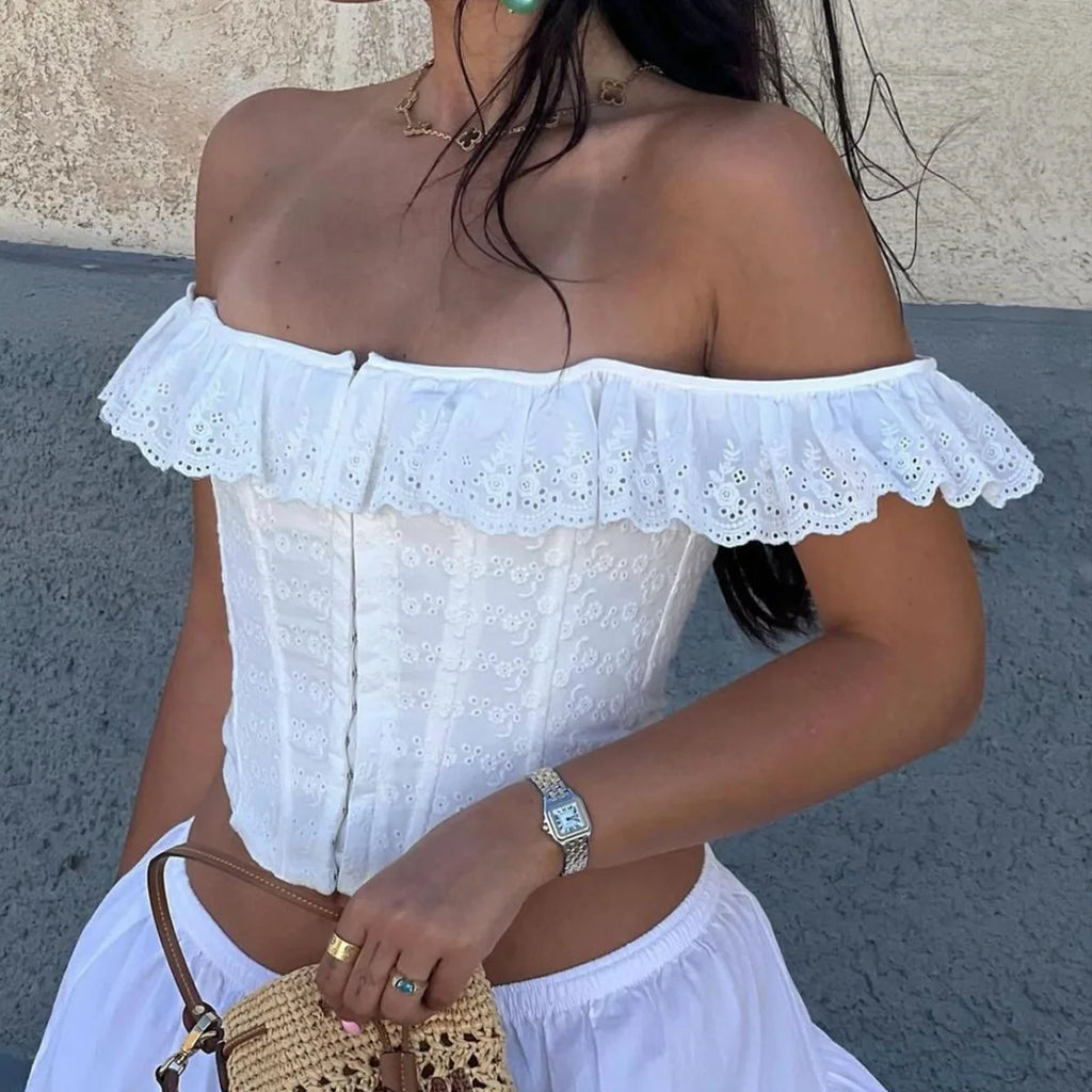 The Alabaster Ruffle Corset Tank | Elegant Backless Off-Shoulder Lace Vest | Summer Party & Club Cropped Shirt | Parisian Princess