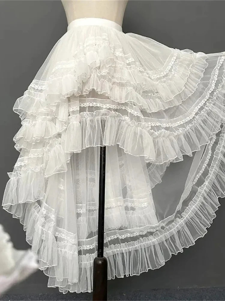 The April Moda High-Low Skirt | Gothic Lolita Lace Layered Midi | French Mesh Ruffle Skirt | Parisian Princess