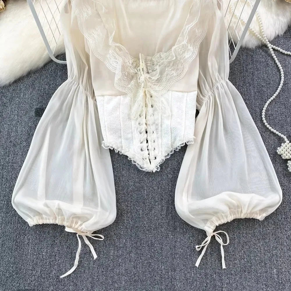 The Vivienne Lace Manteau | Parisian Ruffled Chiffon Blouse | French Mesh Patchwork Top | Lantern Sleeve Coquette Shirt