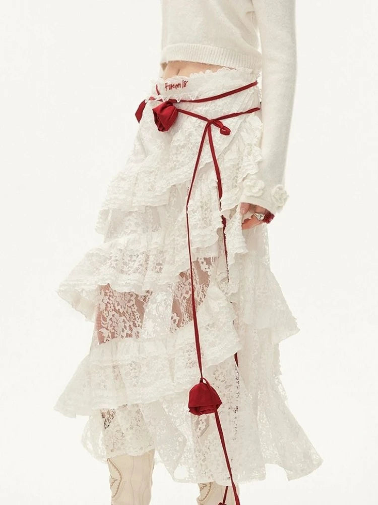 Elegant Fairycore Lace Long Skirts Women Boho Irregular Tulle Layered Skirt Vintage White See Through Holiday Skirts