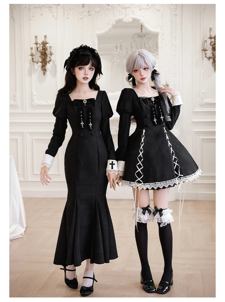 Original French Elegant Court Black Long Mermaid Dresses Op Autumn New Women's Slim Fit Lolita Long Sleeve Dress Gothic Dresses