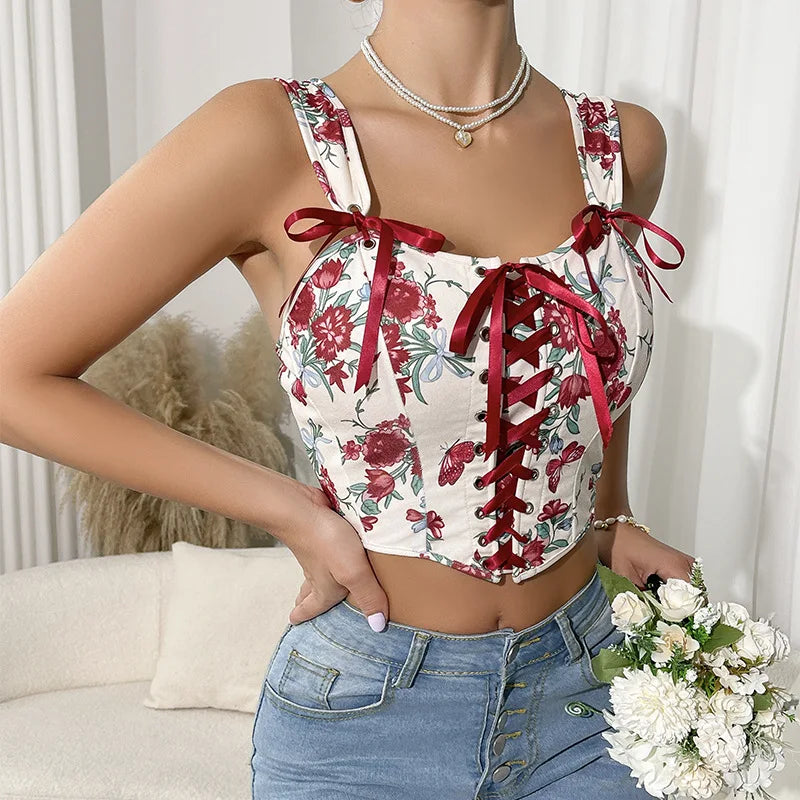 European Vintage Bow Corset Tops Sexy Floral Corset Bustier Crop Top Tank Lace Up Camisole For Women Going Out Outfit Bodyshaper