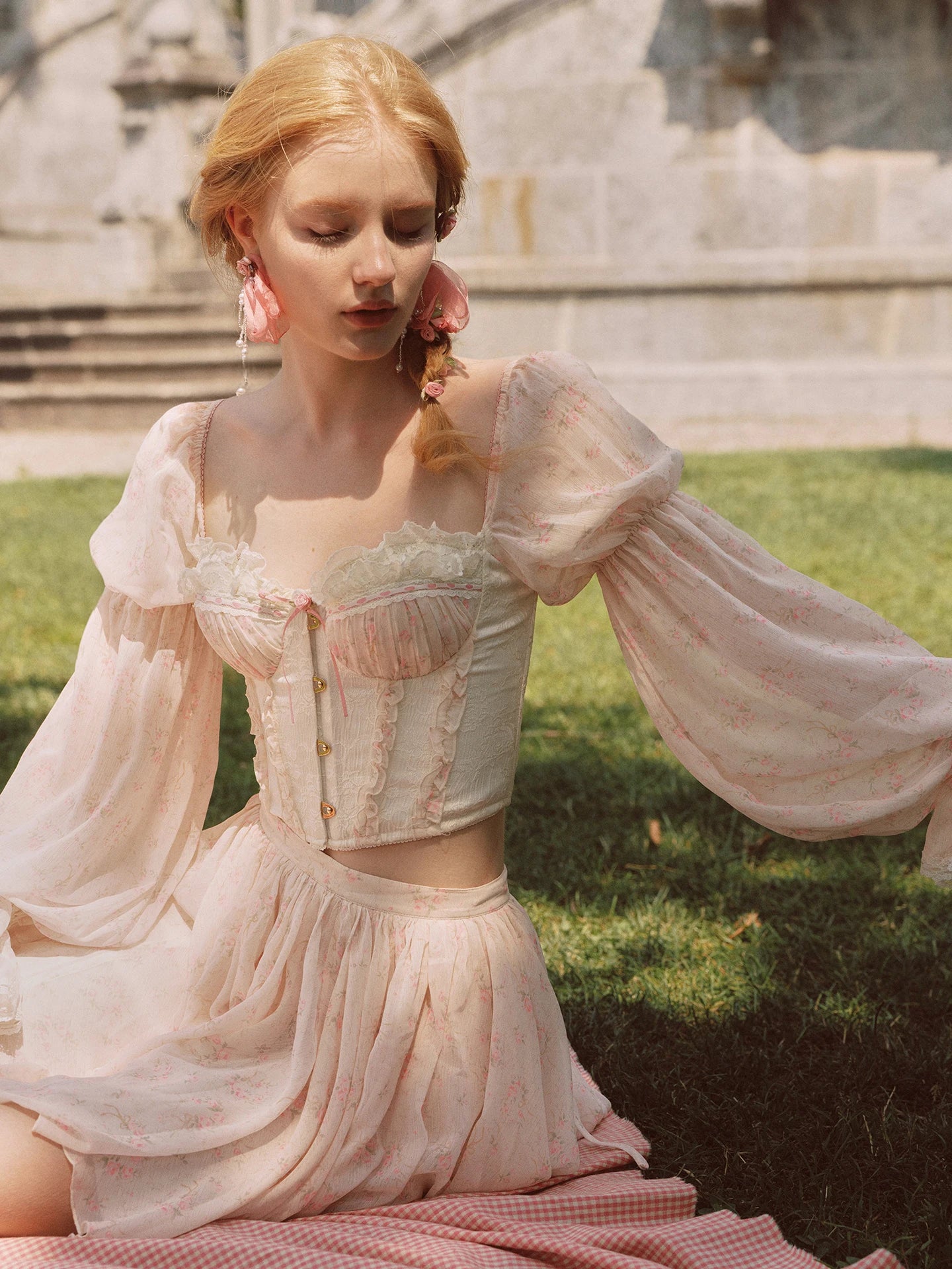 Parisian Corsets Tops Shirts/Skirt Set Women Vintage Elegant Slim French Vacation Style Floral Long Sleeved Fishbone Tops