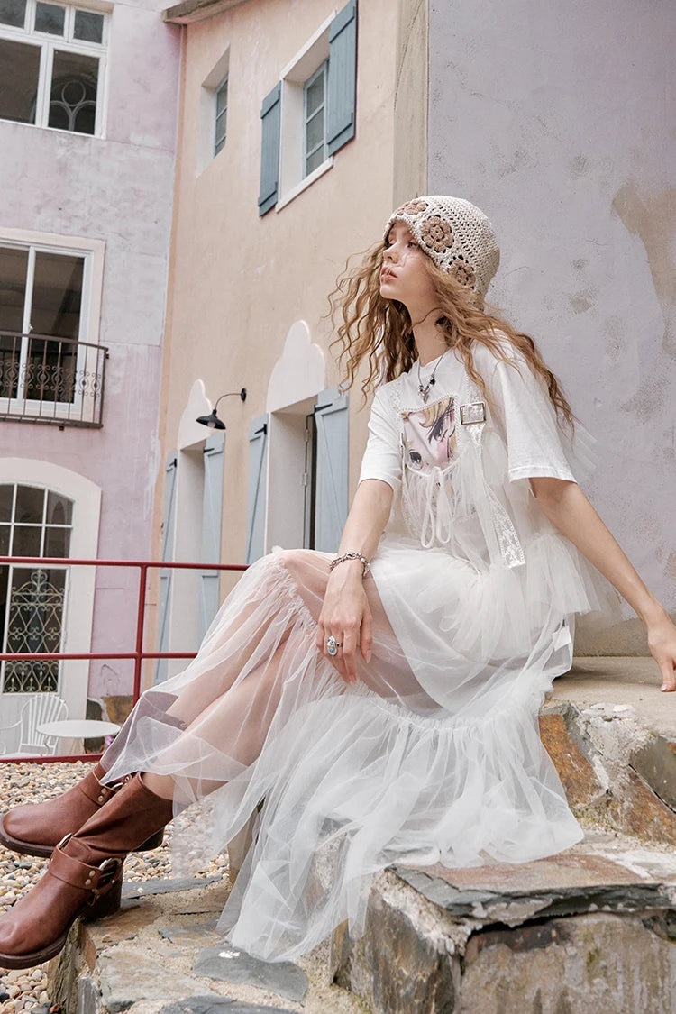 The Toulouse Cotton Lace Dress Set | Sweet Cool Printed T-Shirt & Spliced Maxi | Two-Piece Mesh Dress | Parisian Princess