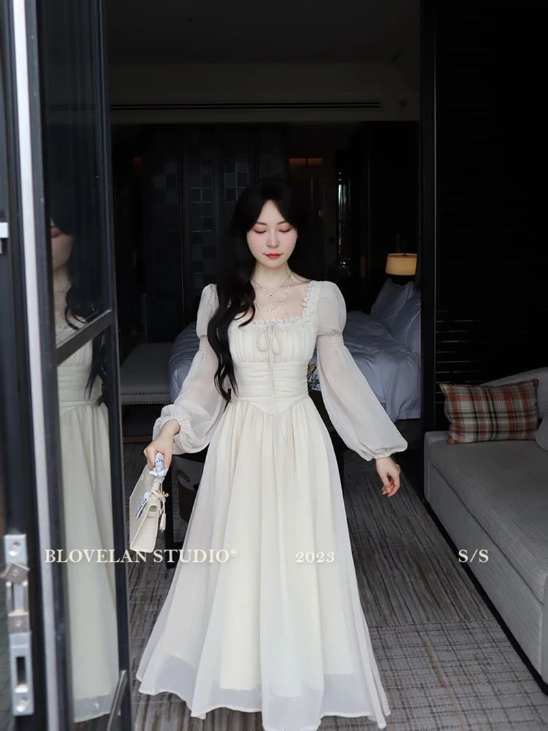 Sweet Sexy Chiffon Dress Women Fashion Slim Elegant French Dress Breathable Long Sleeve Beach Hoiliday Party Vestidos