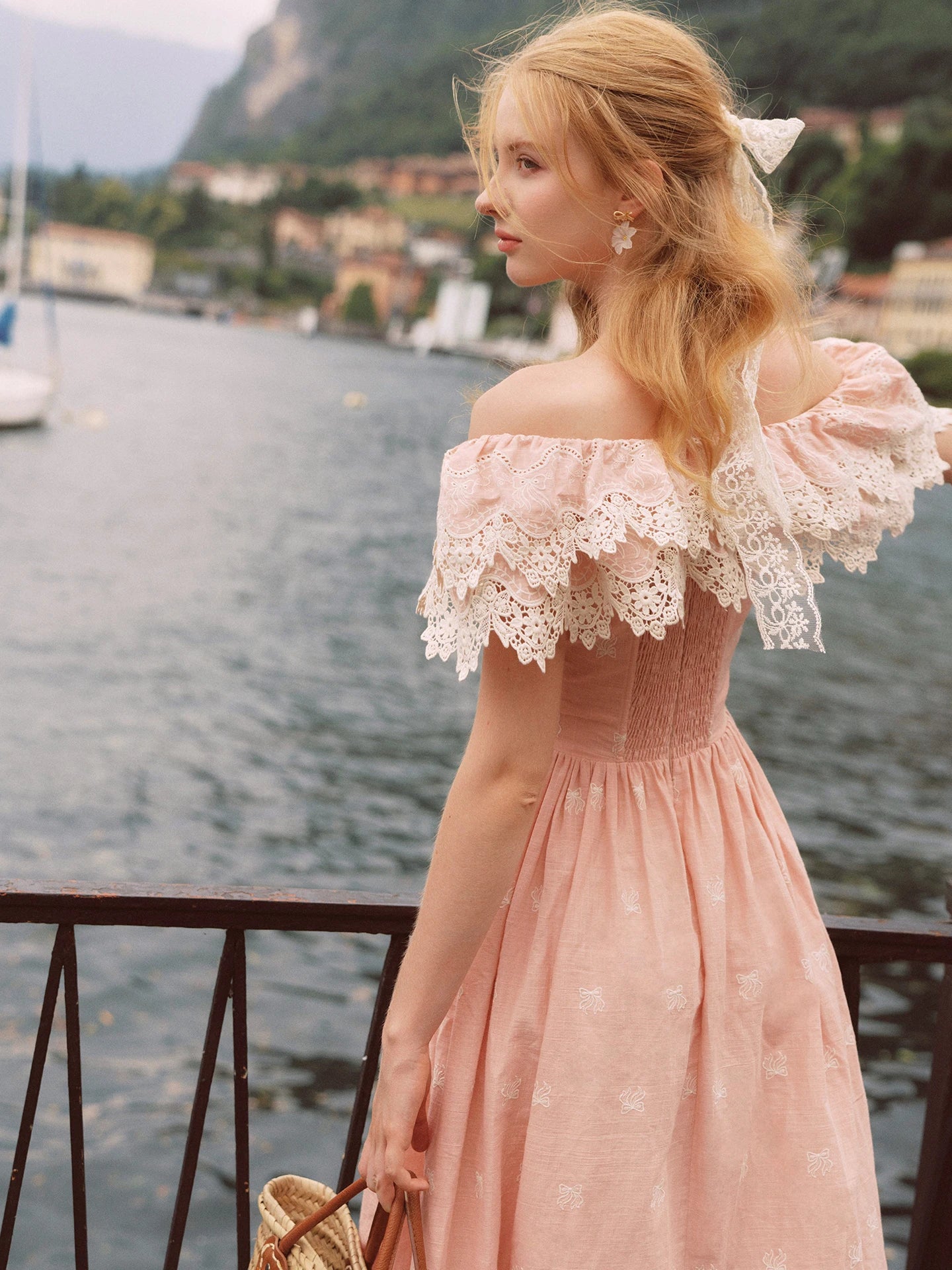 80-102cmSummer Pink Birthday Party Long Dress Women Vintage ElegantSlim Sexy Boat Neck Hollow Out Embroidery Lace Fishbone Dress