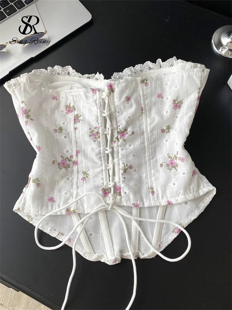 The Trianon Embroidered Corset | French Sweet Floral Lingerie Top | Hollow Out Backless Bandage Camisole | Parisian Princess