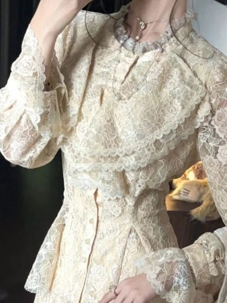 French Vintage 2-Piece Set for Women Ruffled Lace Cardigan Tops + Slim Long Skirt Elegant Retro Court-Style Chic Party Outfit