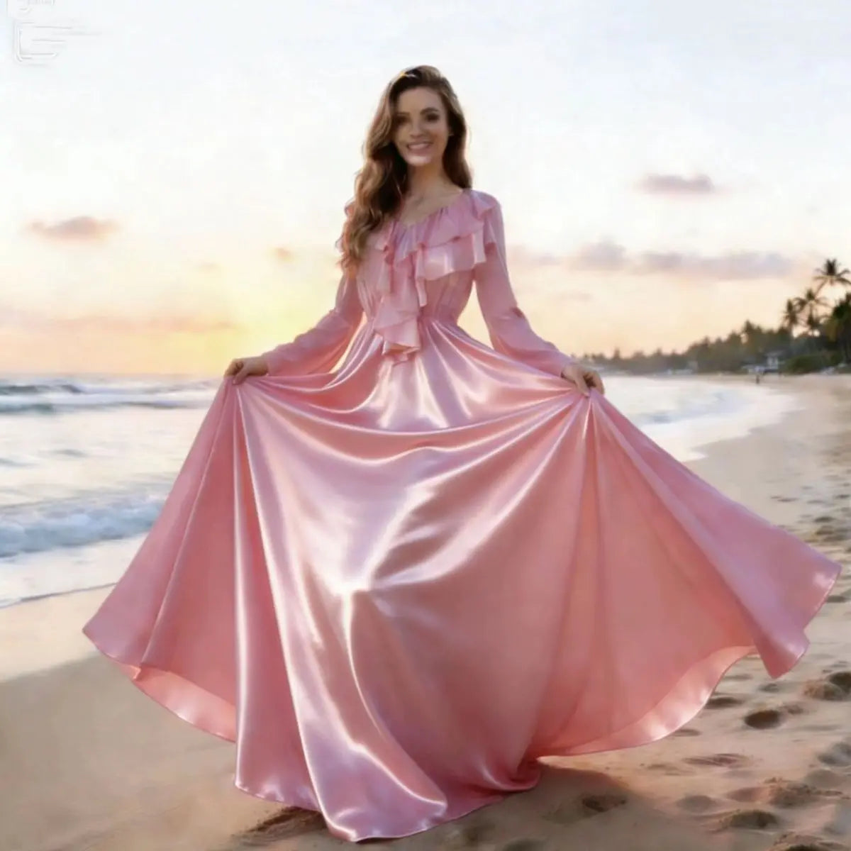 The Petit Trianon Ice Silk Sleep Gown | Glossy Satin Ruffle Maxi | Butterfly Sleeve Nightdress | Parisian Princess