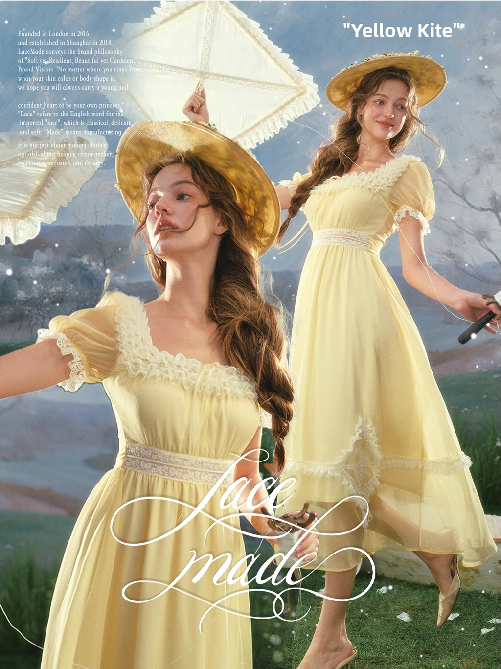 The Provence Lemon Lace Gown | Bubble Sleeve Countryside Midi | Waist-Cinching Princess Dress | Parisian Princess