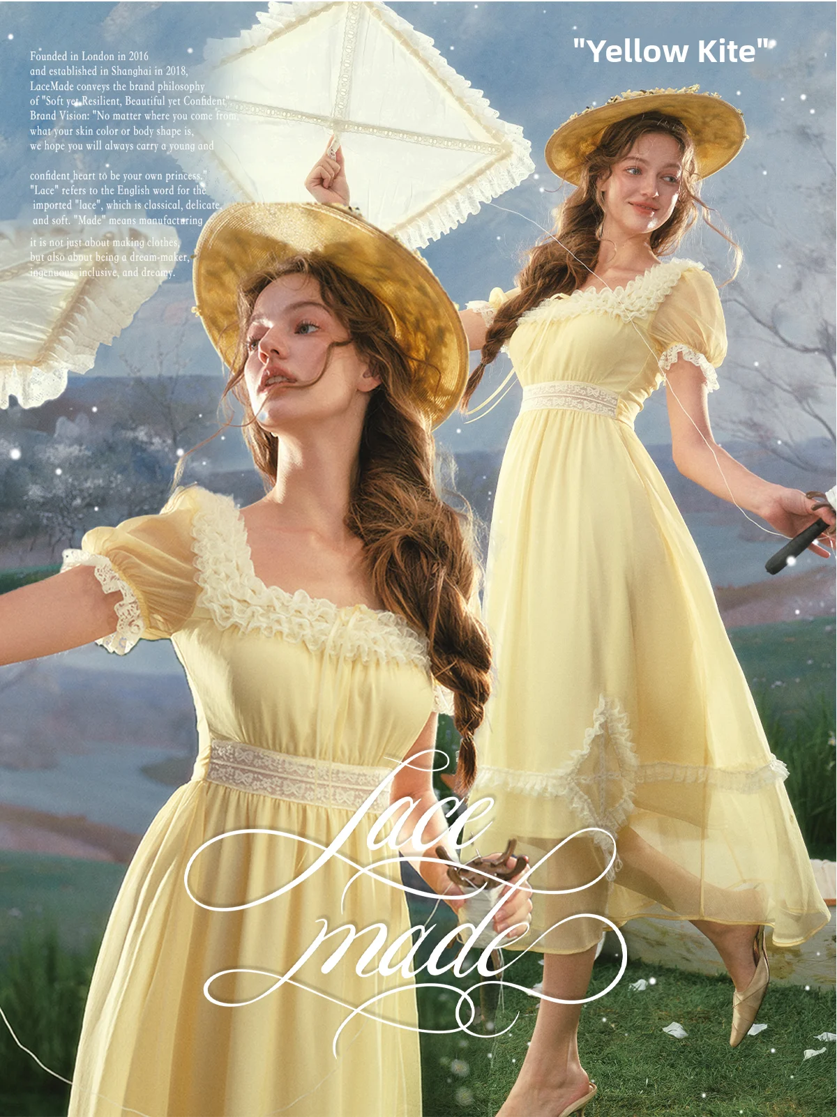 The Provence Lemon Lace Gown | Bubble Sleeve Countryside Midi | Waist-Cinching Princess Dress | Parisian Princess