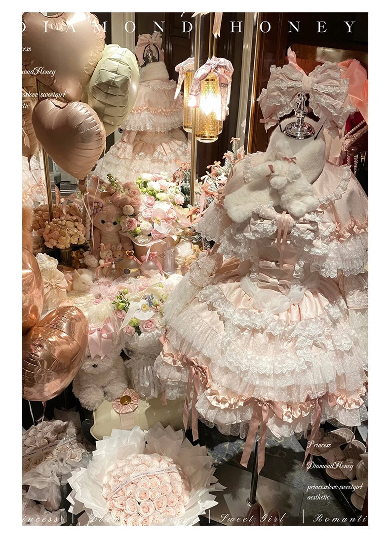 Pink Lolita Princess Dress Women's Bow Lace Heavy Industry Sweet Elegant Birthday Party Evening Dress Lady Suspender Dress Cloak