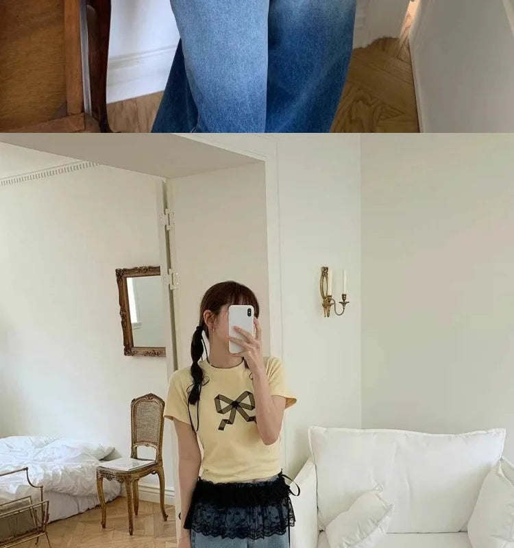 Lace-up Lace Side Half-body Skirt Short Sash Curtain Apron Girls Sweet Jeans Casual Pants Accessories Skirt