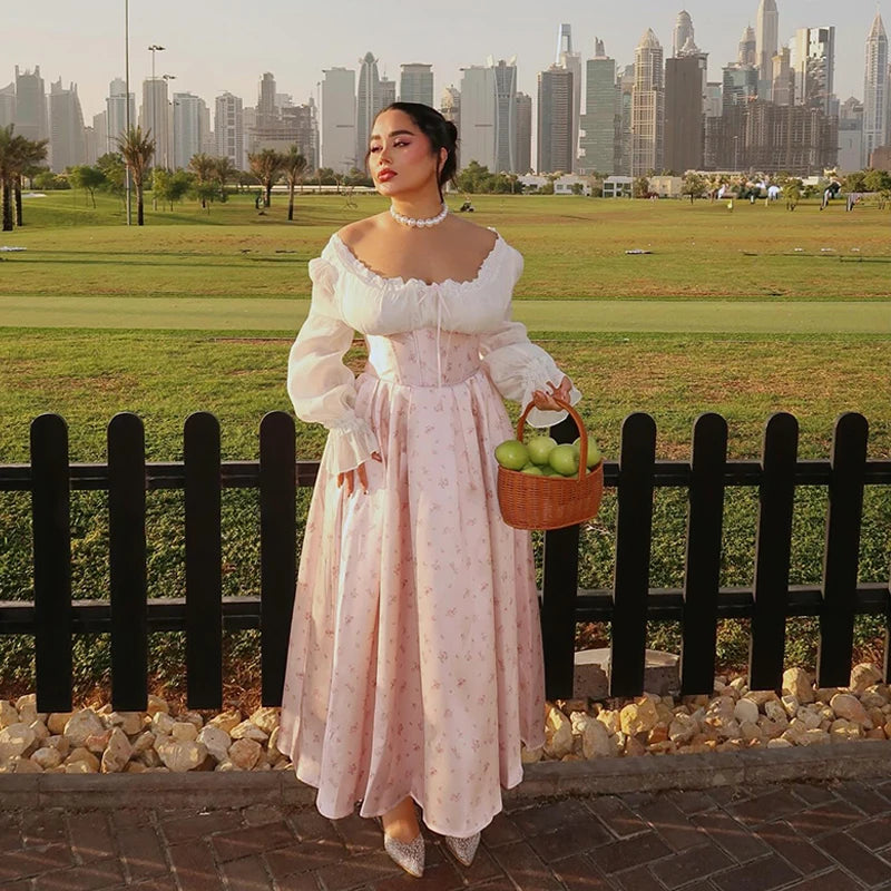 Elegant Sweet Pink Floral Print Princess Dress Off-shoulder Long Sleeve Ankle Length Prom Gown 2025 NEW Patchwork Fishbone Dress