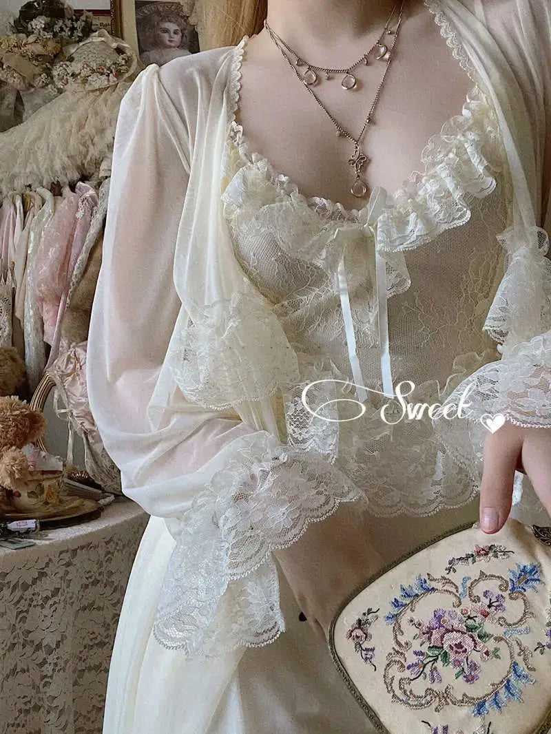 Vintage Female Court Style Thin Tulle Robe/Nightdress Ladies Princess Nightgowns Fairytale Pajamas Sleepwear Women's Clothing