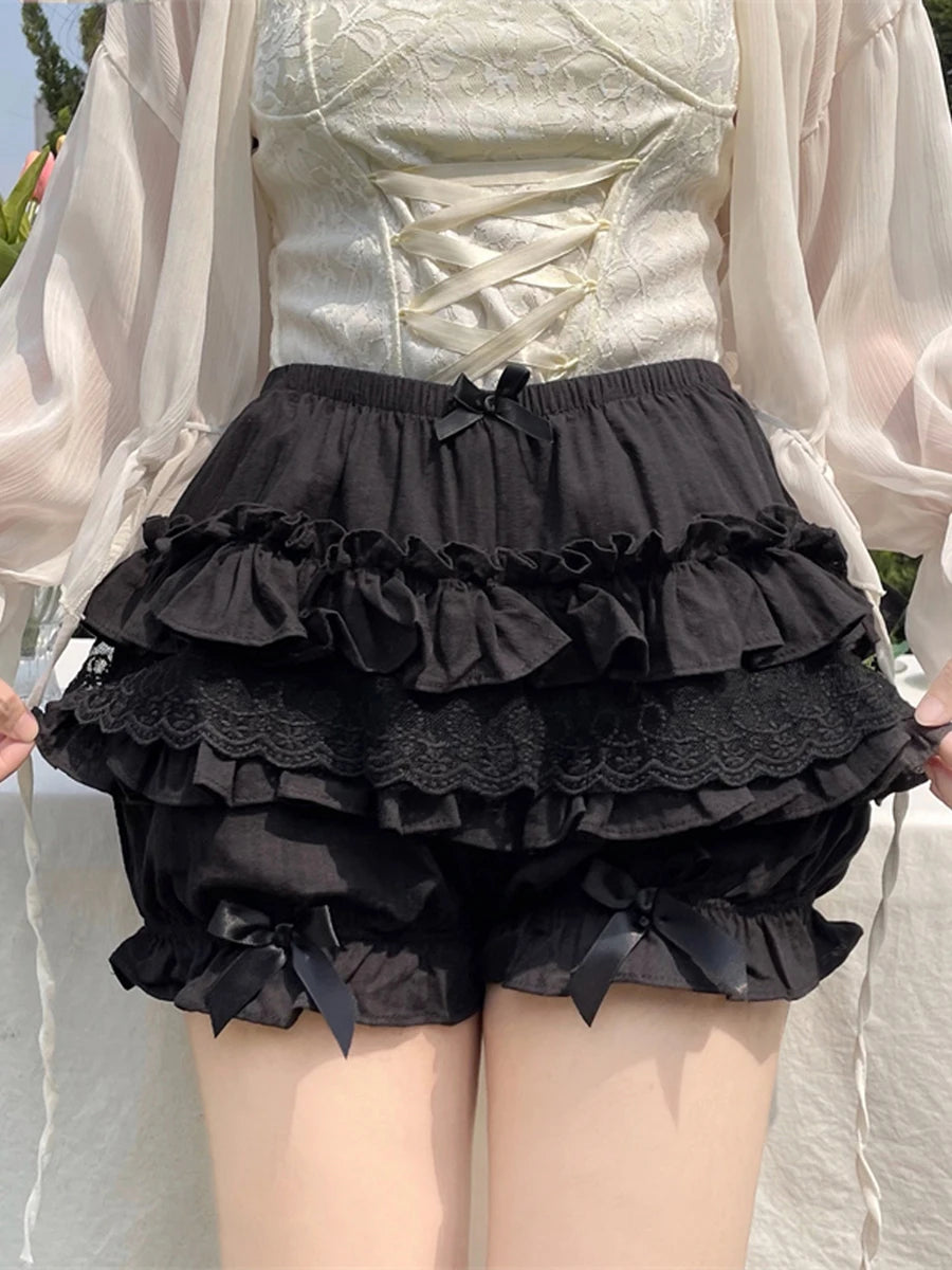 Women s Fashion Bloomers Shorts Lace Layered Ruffle Bowknot Elastic Waist Short Pants Summer Casual Shorts