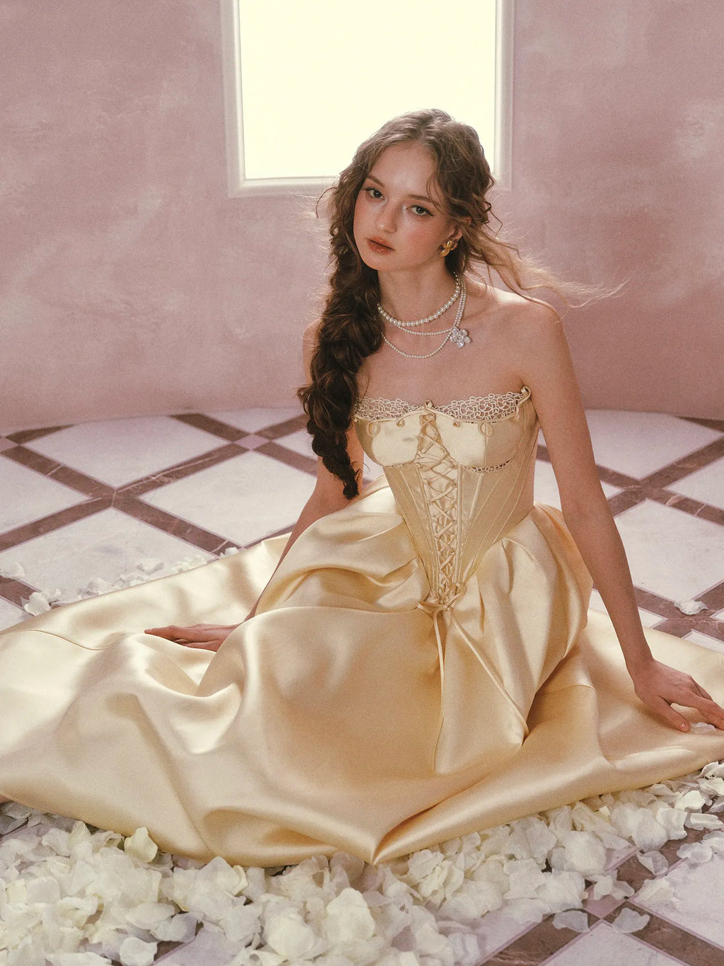The Lemondrop Love Belle Gown | French Chic Elegant Slim Lace Corset Dress | Strapless Empire Waist Satin Maxi | Parisian Princess