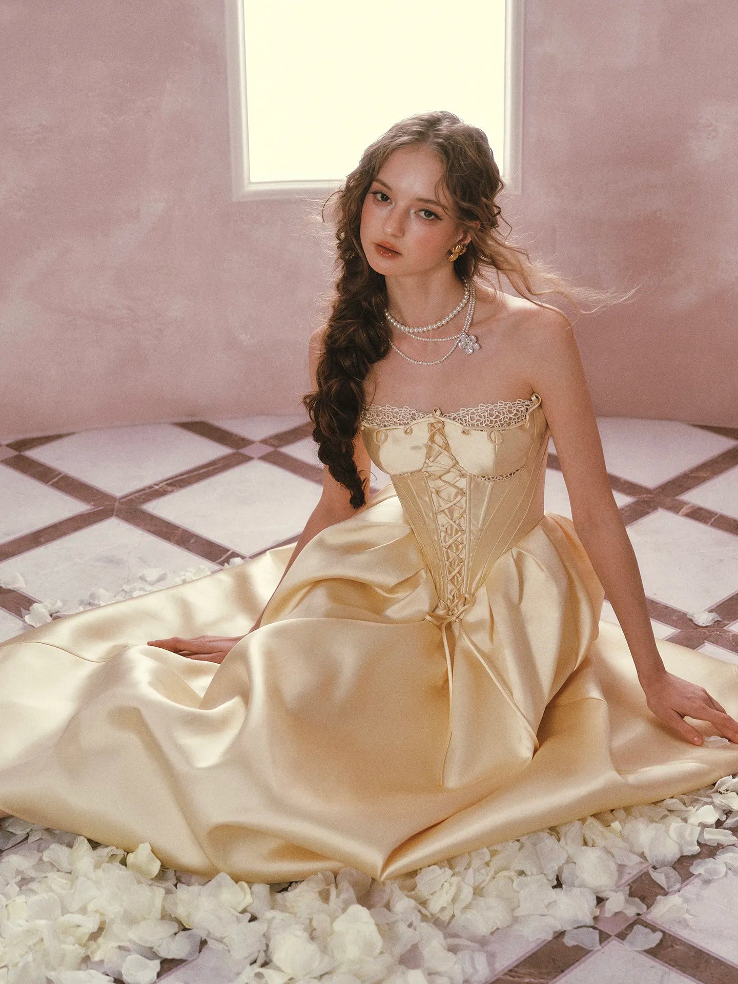 The Lemondrop Love Belle Gown | French Chic Elegant Slim Lace Corset Dress | Strapless Empire Waist Satin Maxi | Parisian Princess