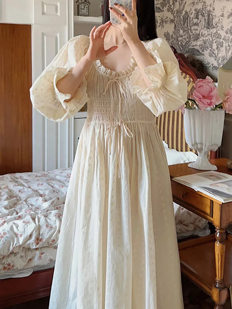 Cotton Embroidery French Languid U-Neck Ruffles Princess Nightgown Lace-up Vintage Fairy Night Dress Spring Pajamas Sleepwear