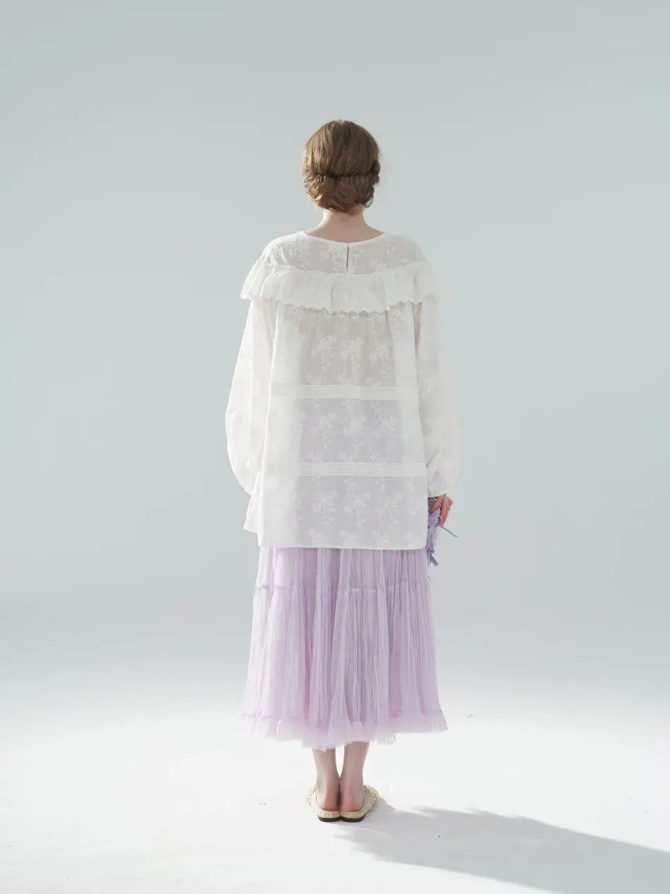 The Summer Floral Breeze Blouse | 100% Cotton Oversized White Top | Handmade 3D Embroidered Loose Lace Top | Parisian Princess