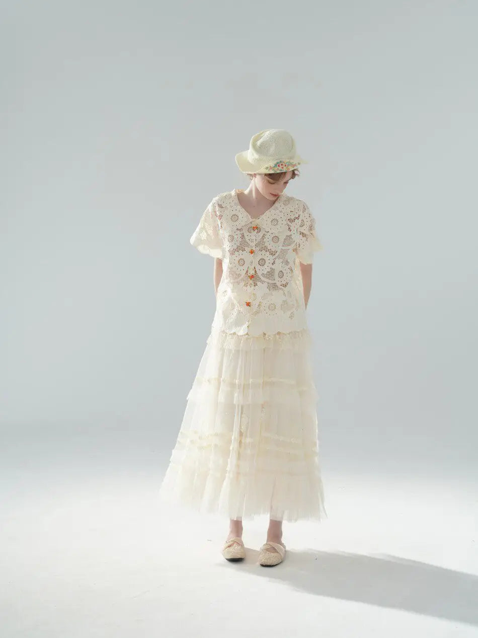 The Palais Cutwork Blouse | Summer Lace Shirt | Handmade 3D Floral All-Over Embroidered Turn-Down Collar Blouse | Parisian Princess