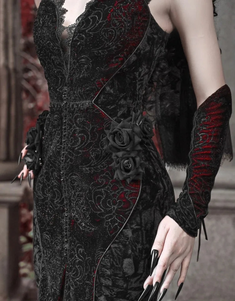 Gothica Original Design Vampire Black Red Dress Lace Patch Gothic Velvet Trumpet Sleeveless Sexy X-Long Dress Halloween
