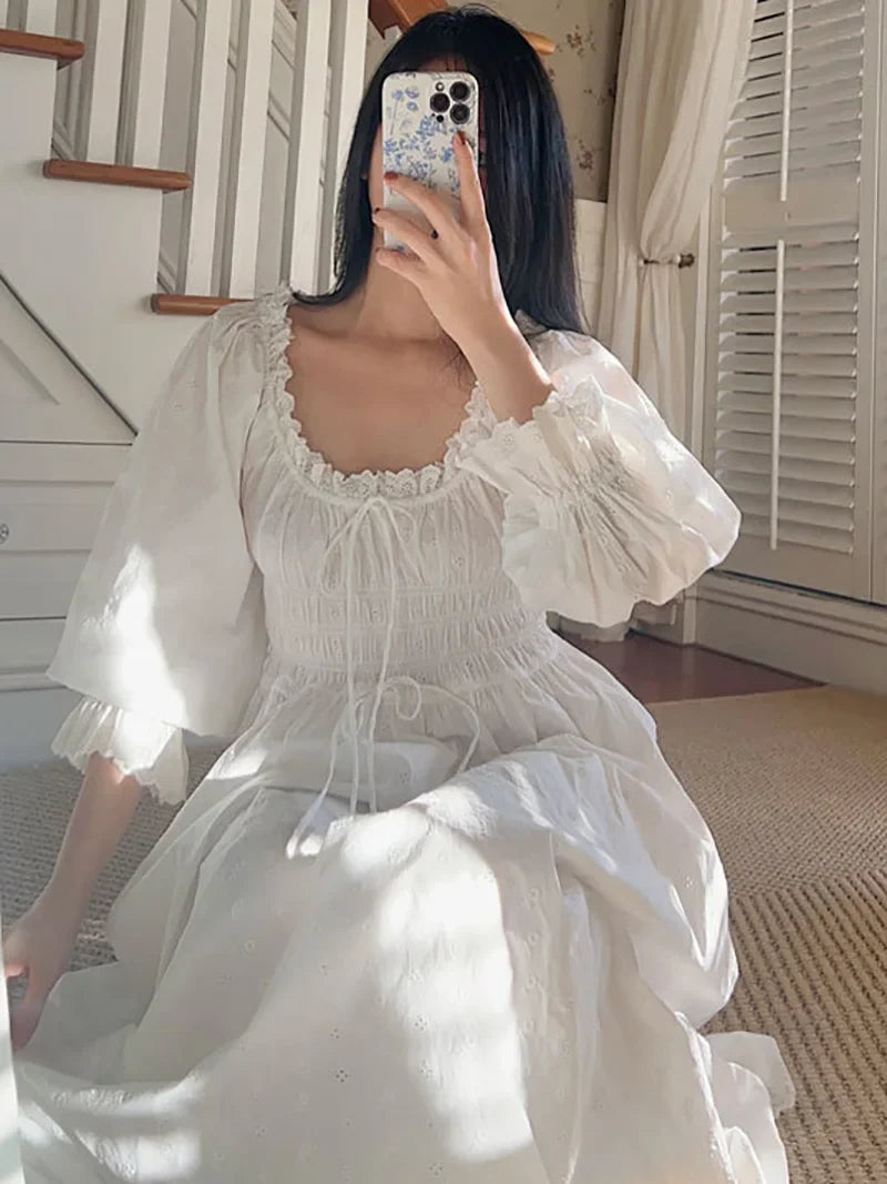 Cotton Embroidery French Languid U-Neck Ruffles Princess Nightgown Lace-up Vintage Fairy Night Dress Spring Pajamas Sleepwear