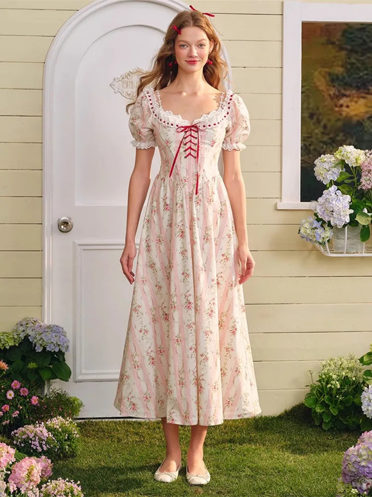 The Riviera Merlot Tea Gown | Puff Sleeve Floral Maxi | French Vintage Cotton Princess Dress | Parisian Princess