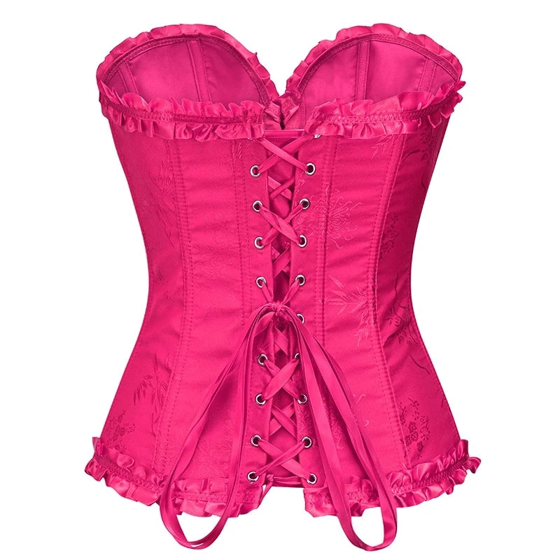 Yellow Jacquard Ruffled Trim Boned Sexy Overbust Push Up Bustier Top Corset Mujer Slimming Corsets For Women Sexy Gothic Clothes