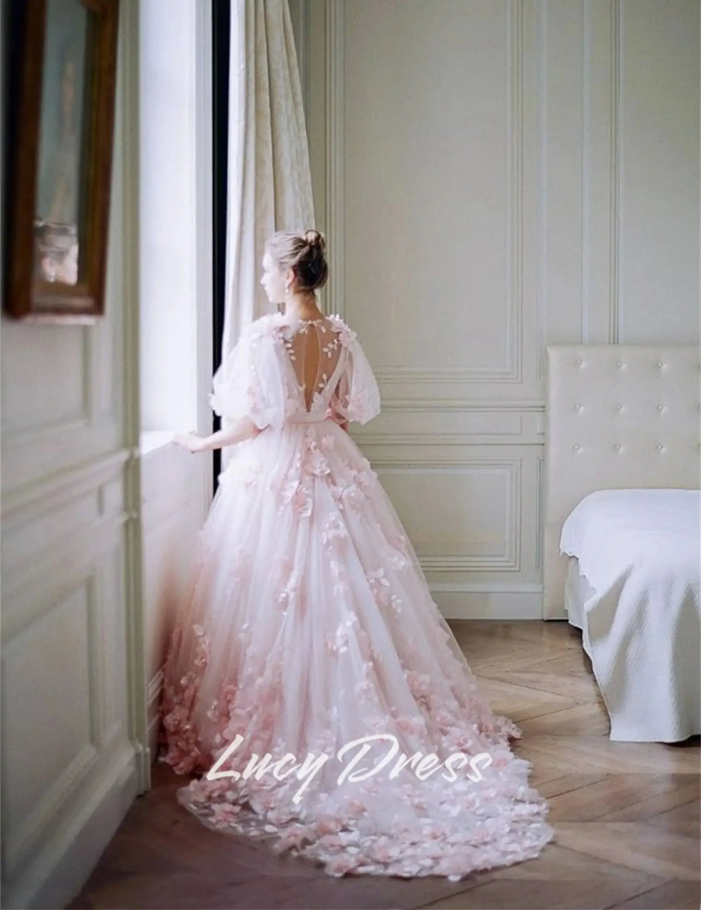 The Duchess Luxury Tulle Gown | V-Neck Court Train Prom Dress | Floral Fabric Birthday Maxi | Parisian Princess