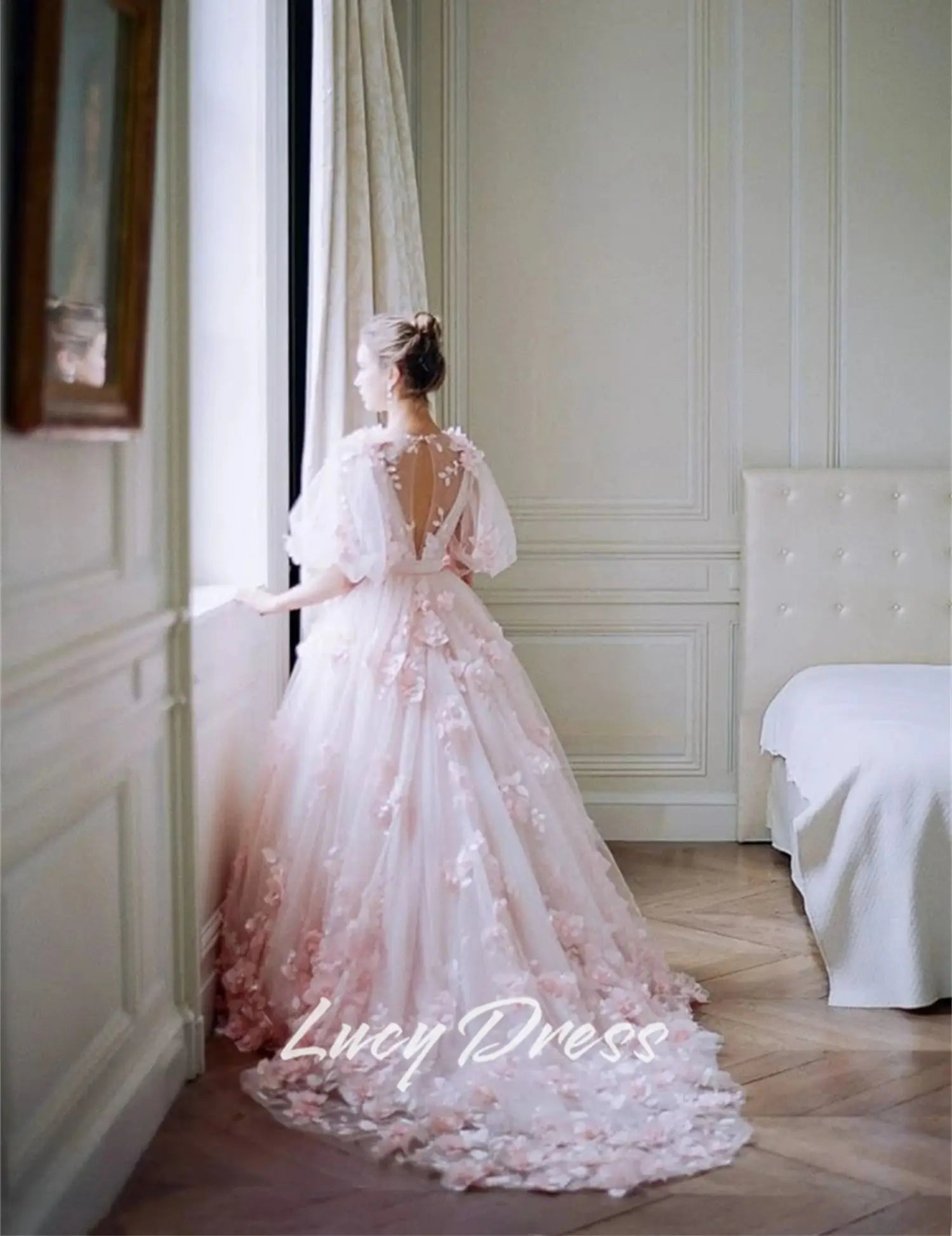 The Duchess Luxury Tulle Gown | V-Neck Court Train Prom Dress | Floral Fabric Birthday Maxi | Parisian Princess