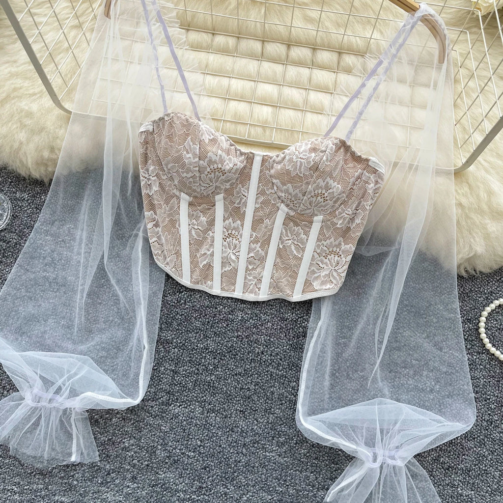 Women Chic Lace Mesh Sheer  Long Sleeve Backless Crop Top Solid Slim Parisian French Fashion Summer Women Shirt Square Collar