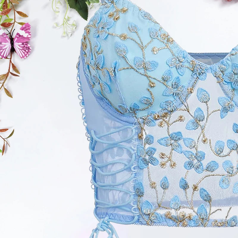 The Azure Bloom Camisole | French Floral Embroidery Ultra-Thin Corset Bra | Sexy Slim-Fit Rayon Lace Vest | Parisian Princess