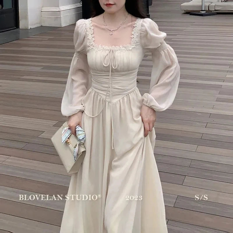 Sweet Sexy Chiffon Dress Women Fashion Slim Elegant French Dress Breathable Long Sleeve Beach Hoiliday Party Vestidos