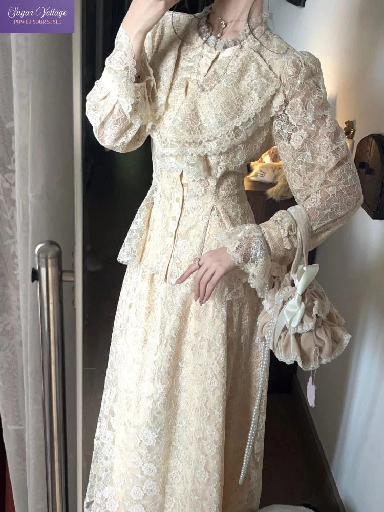 French Vintage 2-Piece Set for Women Ruffled Lace Cardigan Tops + Slim Long Skirt Elegant Retro Court-Style Chic Party Outfit