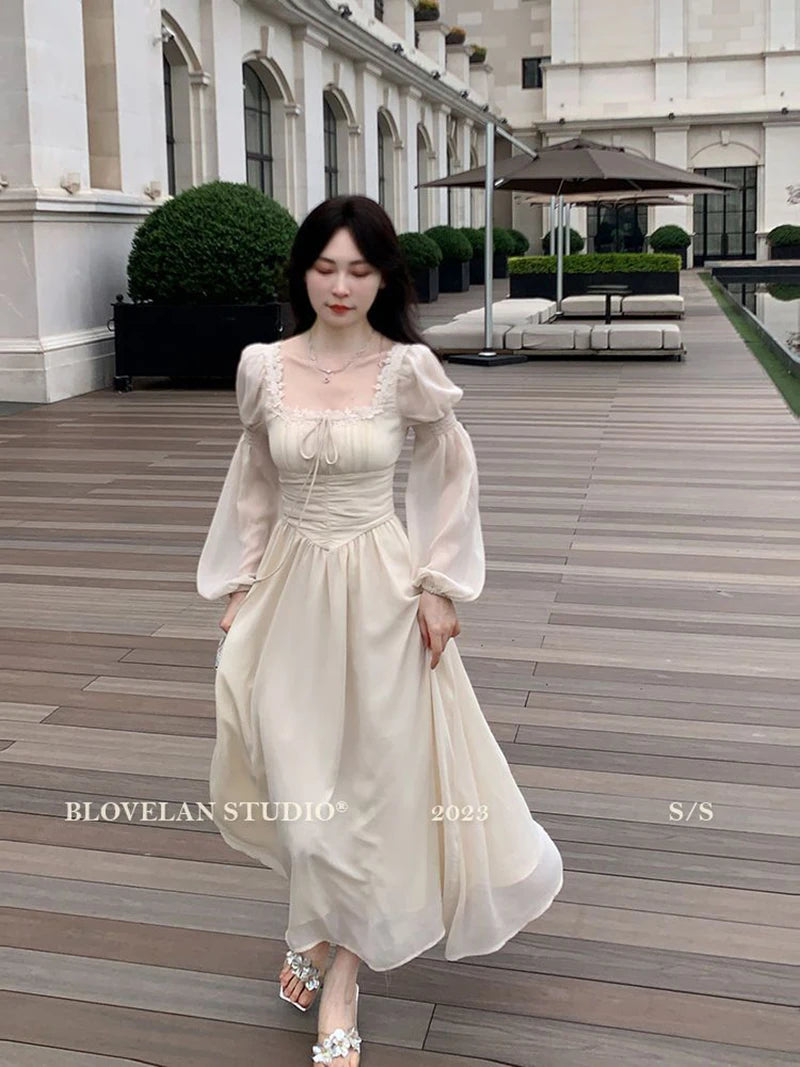 Sweet Sexy Chiffon Dress Women Fashion Slim Elegant French Dress Breathable Long Sleeve Beach Hoiliday Party Vestidos