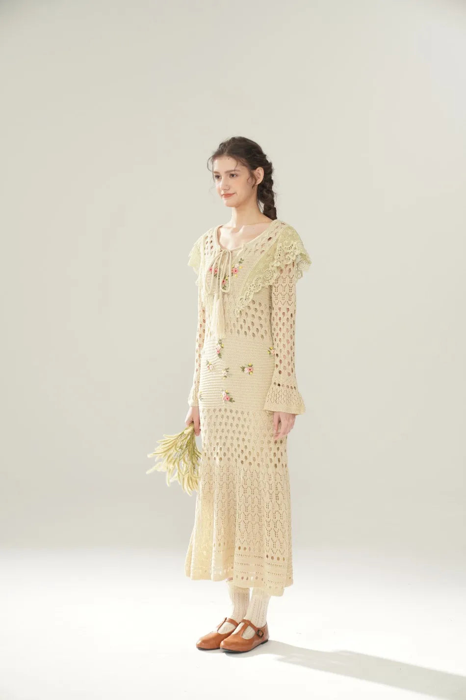 The Versailles Rose Knitted Fishtail | Hand-Embroidered Silk Blend Dress | French V-Neck Gown | Parisian Princess
